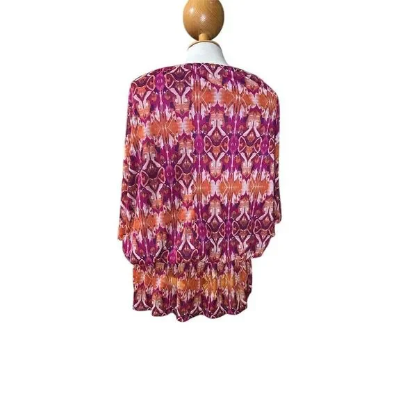 Dressbarn Women's 1X Boho Peasant Blouse Multicolor Tie Neck Top - Picture 3 of 4